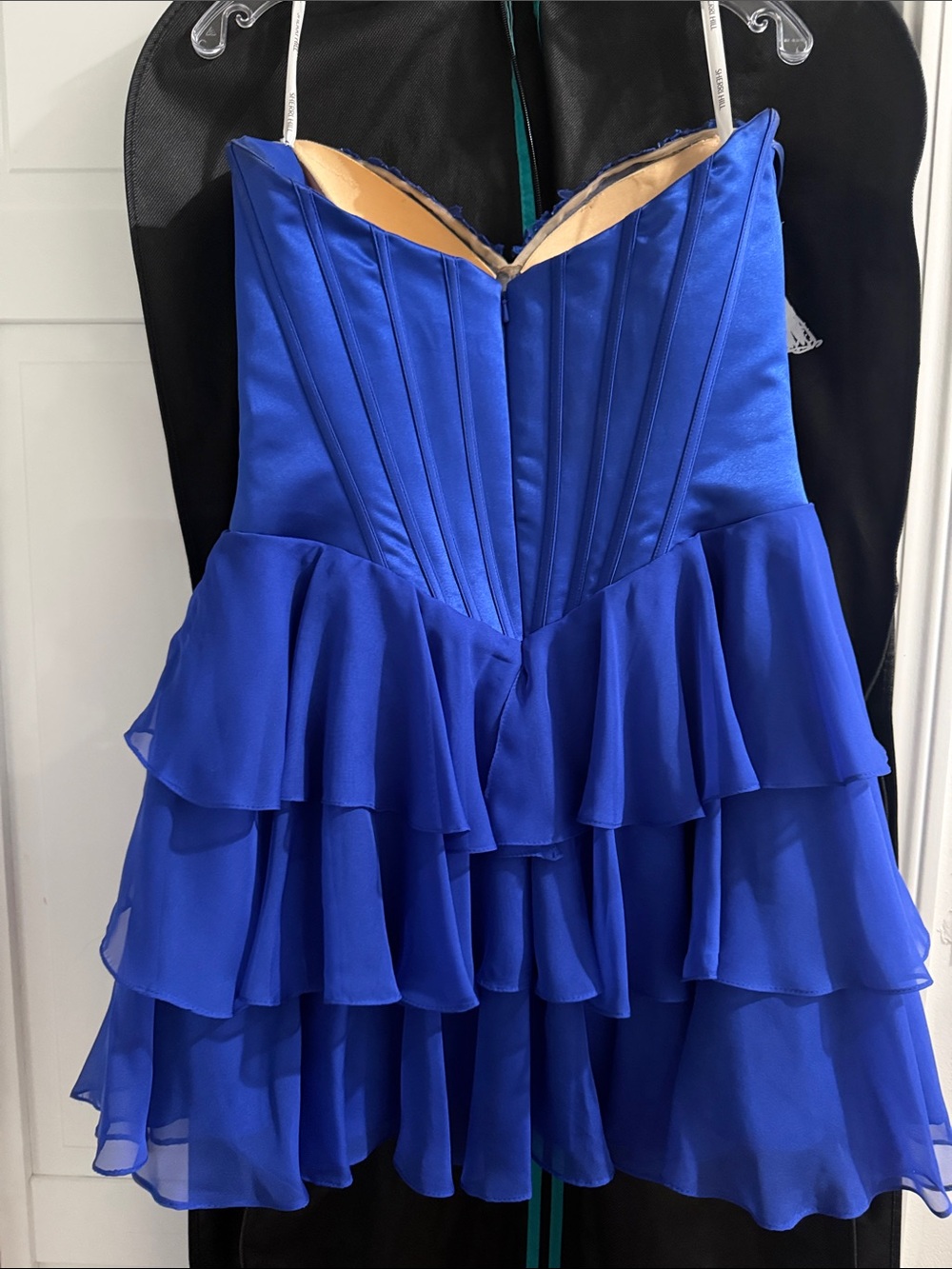 Sherri Hill Royal Blue Tiered Party Dress with Lace Bodice - Picture 5 of 5